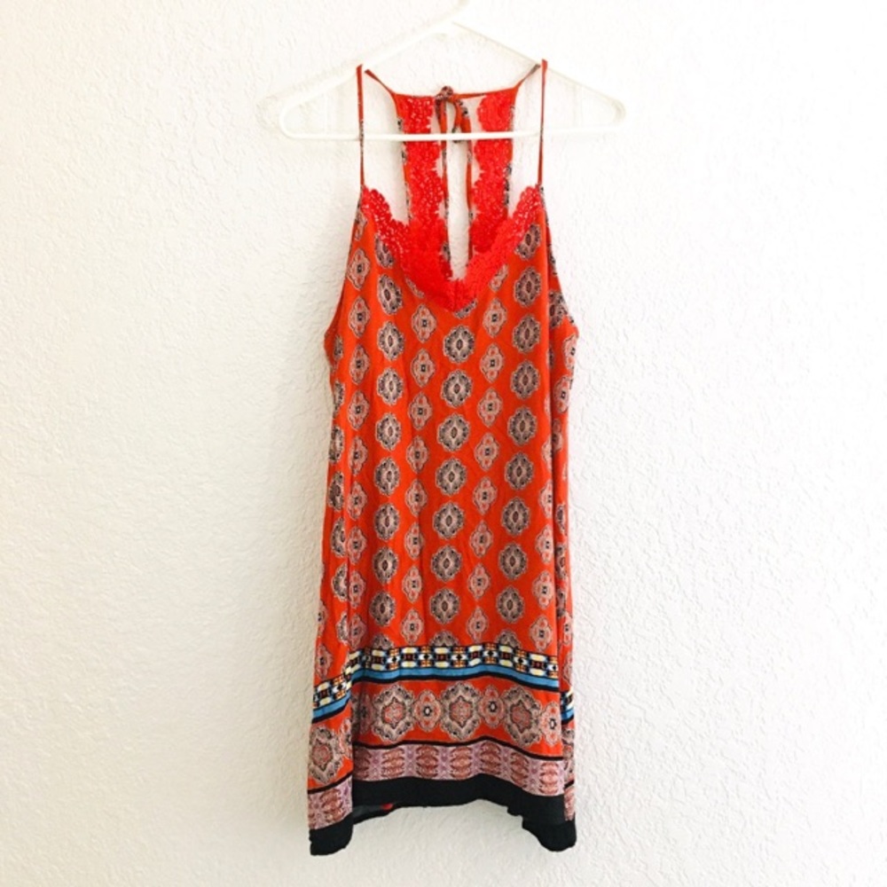 Sequin Hearts Boho Mini Sun Dress Spaghetti Straps Lace Size L
